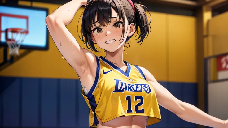 A Japanese teenager wearing an NBA jersey, yellow croptop nba jersey, wearing a low cut croptop, wearing croptop, croptop, Golden Thunder, (Blink), White Box, Large target)}], Favorite scene, Fine details. Japanese cartoons. Skin, Sweating, Large Breasts, ...