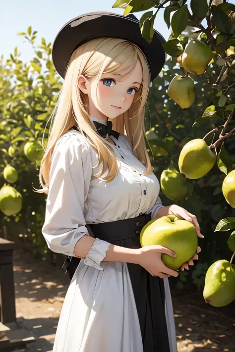 In the background, there are many pear trees with round pears.、In the center of the front is a beautiful blonde Caucasian woman holding a large round pear about 20cm in size.「It&#39;s too big！」&quot;I&#39;m so sorry,&quot; he said, laughing with his mouth ...