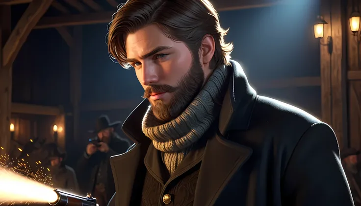 1 boy, Cowboy shooting，byre8dfield, beard, beard, Black coat, Turtleneck sweater, Volumetric Lighting, Best quality, masterpiece, Intricate details, Tone Mapping, Clarify the focus, Super detailed, Very popular on Artstation, Looking at the audience, Pract...