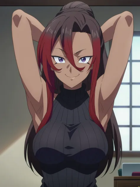 score_9, score_8_up, score_7_up, source_anime, anime screencap, indoors, 1girl, solo, sylvia, large breasts, long hair, brown ha...