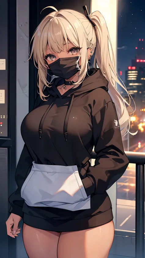 ((masterpiece、Best Quality、Very detailed))、One girl、improve、((Brown skin:1.3))、Blonde、side ponytail、blunt bangs、Grey Eyes、((Black surgical mask))、((lots of piercing))、Large Breasts、((black hoodie))、((Thick waist))、((Thick thighs))、Cowboy Shot、((night))、Dow...