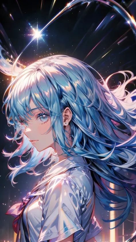 (masterpiece), 4K, Kingdom Hearts Background, Detailed Description, Shining like a star, A cool expression floating in the night sky, Watching over us, Shining Star々, Bringing Happiness,Wearing a sailor uniform, High school girl, Sky blue hair like jewels,...