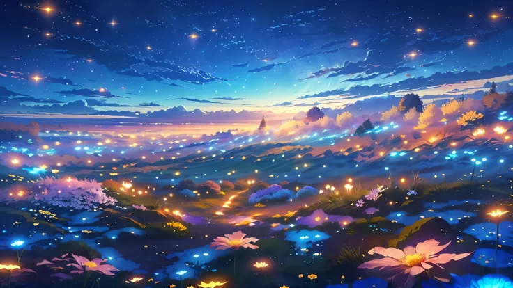 a field of many flowers with a sky background and a full moon, anime beautiful peace scene, colorful anime movie background, ani...