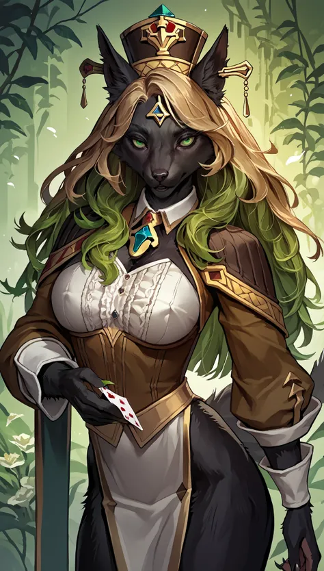 (zPDXL2), (PonyXLV6_Scores), source_anime, source_anthro, source_furry, Expressiveh, solo, three-quarter portrait, rating_explicit, asymmetric image BREAK

Girl playing cards, fortune teller, gypcy, detailed green eyes, black fur, dressed, gypcy clothed, g...