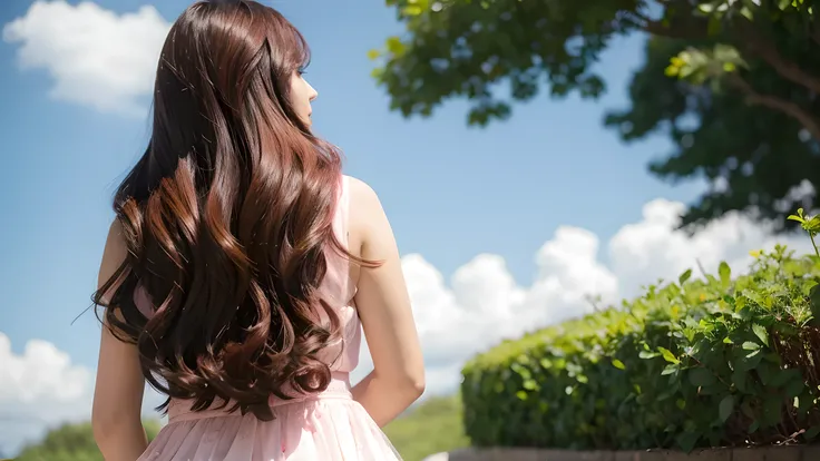 nice  day sunshine Back view of a woman with pink thick wavy long hair