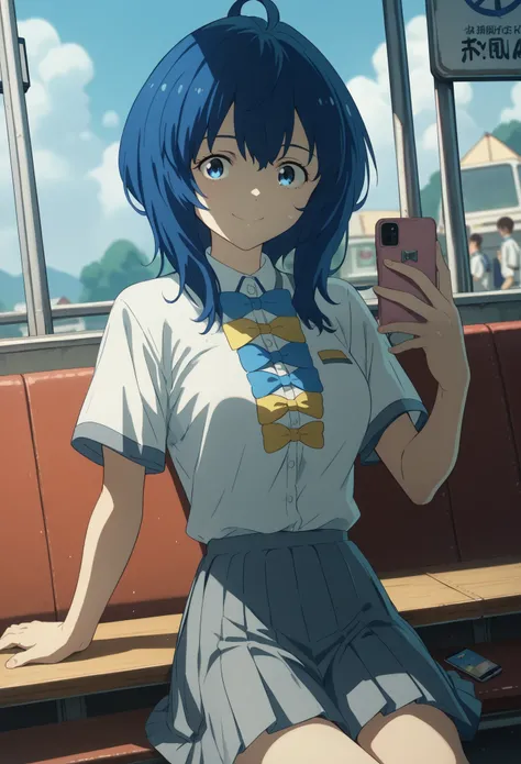Score_9, Score_8_up, Score_7_up, source_anime, annayanami, annayanami, medium hair, blue eyes, ahoge, blue hair, medium breasts, skirt, shirt, bow, school uniform, white shirt, short sleeves, pleated skirt, bow tie, yellow bow, gray skirt, yellow bow tie, ...