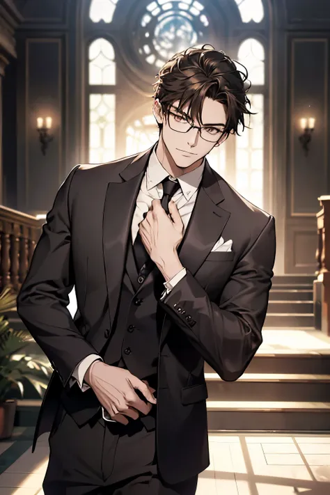 A handsome man in a gray brown suit, A bodyguard in dark clothes, Two people climbed the stairs of the villa to the living room, Perfect face, perfect hands, (best qualityer, 4K, 8k, high resolution, work of art:1.2), ultra detali, (realisitic, photorealis...
