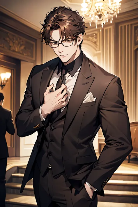 A handsome man in a gray brown suit, A bodyguard in dark clothes, Two people climbed the stairs of the villa to the living room, Perfect face, perfect hands, (best qualityer, 4K, 8k, high resolution, work of art:1.2), ultra detali, (realisitic, photorealis...