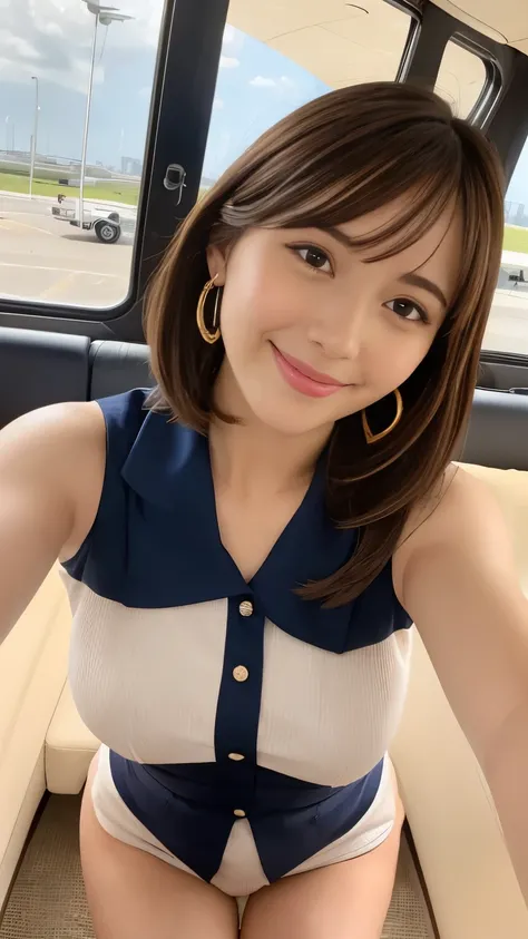 Show me the woman who amazes everyone..、Fitted navy blue striped pattern、The collar should be opened wider、Looking up from the waist、shortcut、Bob hair、He looks very Happy、Look straight ahead with a bright smile、arms crossed、Lips a bit sharp.、My bangs are a...