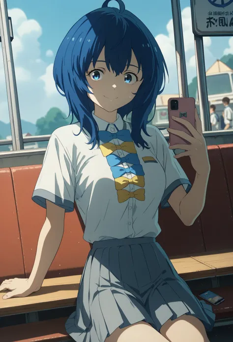 Score_9, Score_8_up, Score_7_up, source_anime, annayanami, annayanami, medium hair, blue eyes, ahoge, blue hair, medium breasts, skirt, shirt, bow, school uniform, white shirt, short sleeves, pleated skirt, bow tie, yellow bow, gray skirt, yellow bow tie, ...