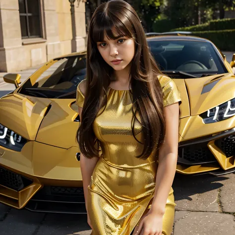 beautiful detailed eyes, beautiful detailed lips, extremely detailed eyes and face, long eyelashes, beautiful russian teenage girl, sleek yellow dress, shiny dress, form-fitting dress, bangs, long hair, golden hair, looking at camera, sexy figure, full bod...