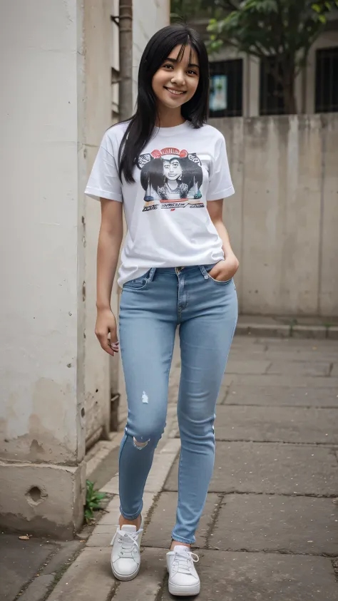 Standing girl,、Full body photo、 white stripes t-shirt, blue skinny jeans, black hair, indonesian girl, smile, White sneakers, university
