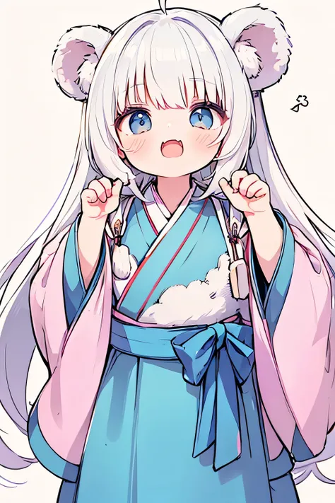 cute bear girl, Soft and fluffy, Wearing a cute hanbok, Make a cute face, strike a cute pose, White hair, 