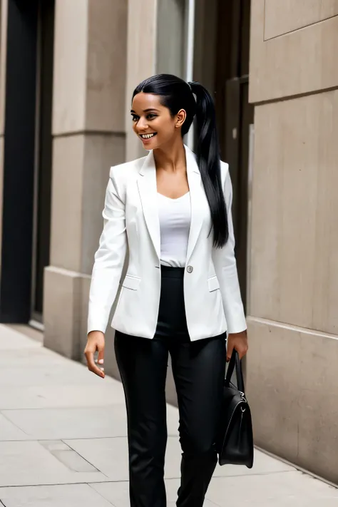 A fit attractive young women with long black hair in a sleek high ponytail wearing a white shirt and black pant with black blazer shes walking and smiling 