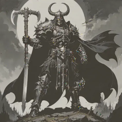 (masterpiece), (best quality),  warhammer fantasy, intimidating muscular warrior, clad in vanta black colors with silver trim, monstrous scythe in both hands, wearing dreadful black plated armor, cool vanta black cape, foreboding armored visage, radiant gl...