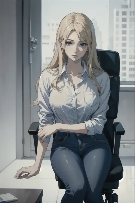 ((best quality)), ((masterpiece)), (detailed) blonde long hair sitting in white shirt and blue jeans in waiting room,  office building, realistic body physics,