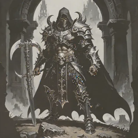 (masterpiece), (best quality),  warhammer fantasy, intimidating muscular warrior, clad in vanta black colors with silver trim, monstrous scythe in both hands, wearing dreadful black plated armor, cool vanta black cape, foreboding armored visage, radiant gl...