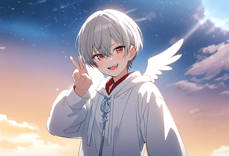 good looking, Alone, 1 male, Gray Hair, Red eyes, Long sleeve, Werewolf Cosplay, noon, White Light,cute目,Short hairstyle,cute,Heaven Background,Heavenly Background,A sparkling view,bright,Looking at the camera,Making a peace sign,Heaven has double teeth,An...