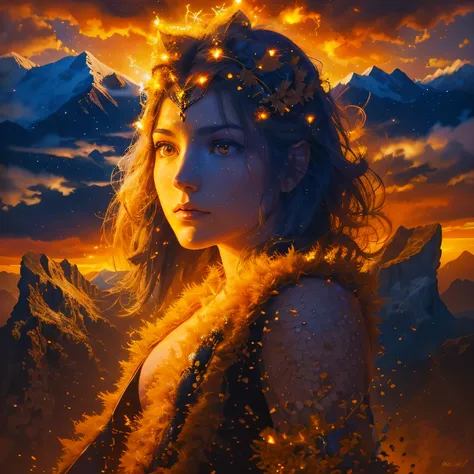 Angelic being without human affections, a creator being of the universe, mythology, In the background of the image, a scenario of heavenly mountains, orange clouds. The style of the image should be in comics, with strong and striking strokes, and mythologi...