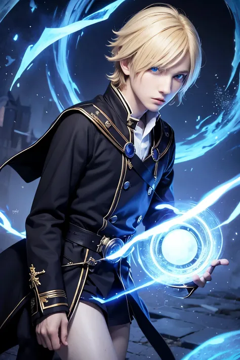 solo,1boy,bishounen,male focus,center part,blonde hair,looking at viewer,blue eyes,beautiful face,emo boy,big eyes,wizard school uniform,Haunted Castle,Necromancer,