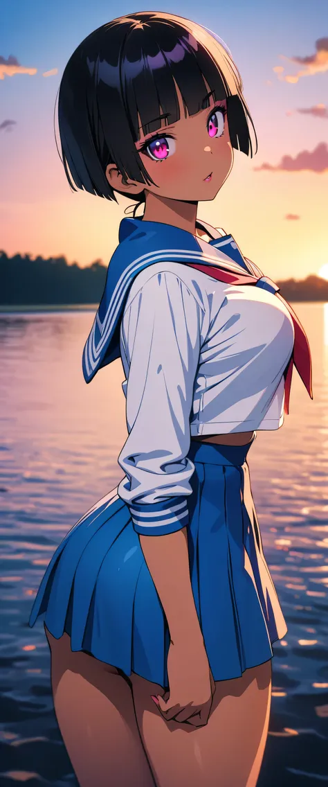 anime girl in sailor outfit standing in front of a body of water