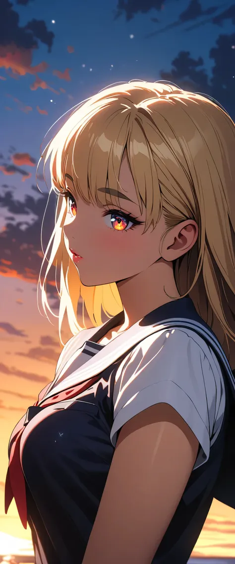 anime girl with blonde hair and blue eyes looking at the sky