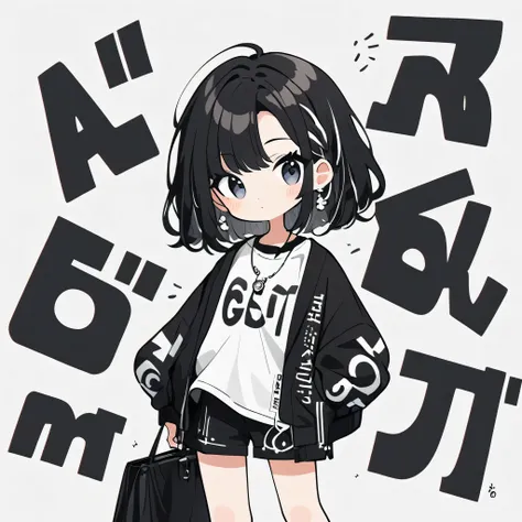 Ultra-realistic 奈良美智 black and white style, Simple line acronym abstract art, Stylish design, (((Background is Disposal))), Street Style, Cute chick