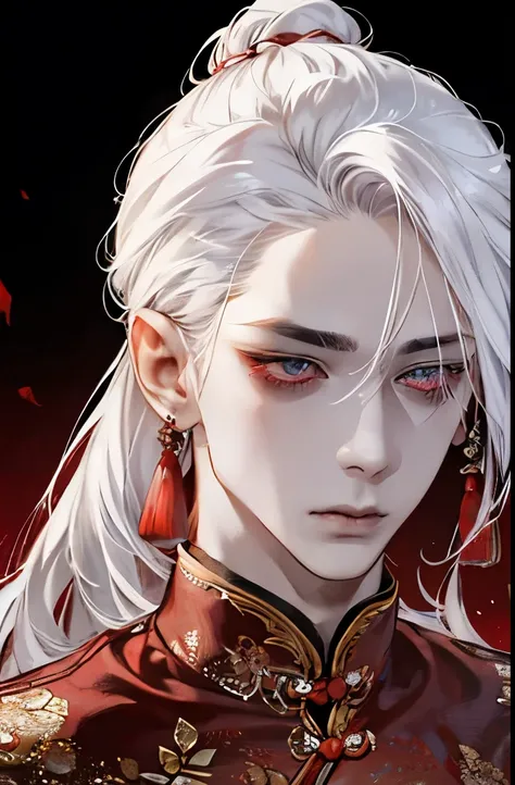 a beautiful young man with white hair, red eyes, wearing traditional chinese hanfu clothing, against a black background, hyperdetailed portrait, long hair in a ponytail, extremely detailed eyes and face, open mouth, red lips, red tongue, 8k, extreme close-...