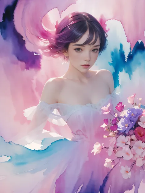 1girl,flower, Lisianthus ,in the style of light pink and light azure, dreamy and romantic compositions, pale pink, ethereal foliage, playful arrangements,fantasy, high contrast, ink strokes, explosions, over exposure, purple and red tone impression , abstr...