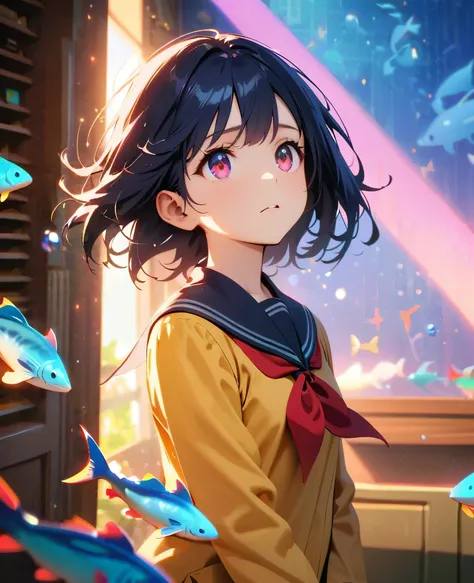 (girl,(tween,wavy short hair, darkblue hair, floating hair, cosmic colored eyes, school-uniform, pale skin, tired face, eyes is looking up at the sky), (so many fish are swimming in the air), beautiful sky, beautiful clouds, summery colorful flowers are bl...