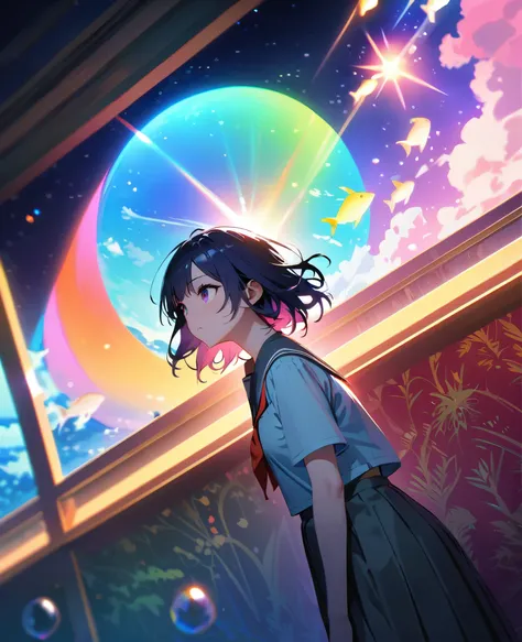 (girl,(tween,wavy short hair, darkblue hair, floating hair, cosmic colored eyes, school-uniform, pale skin, tired face, eyes is looking up at the sky), (so many fish are swimming in the air), beautiful sky, beautiful clouds, summery colorful flowers are bl...