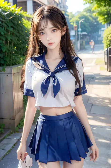 (Ultra HD), (Looking at me), (Short-sleeved sailor uniform, Navy blue mini skirt), Big Breasts, Super beautiful breasts, Slender, (Thin legs:1.2), (Thin thighs:1.2), (Thin Hips:1.4), (Beautiful Skin, Shiny skin, White skin), (Super slim face, Super beautif...