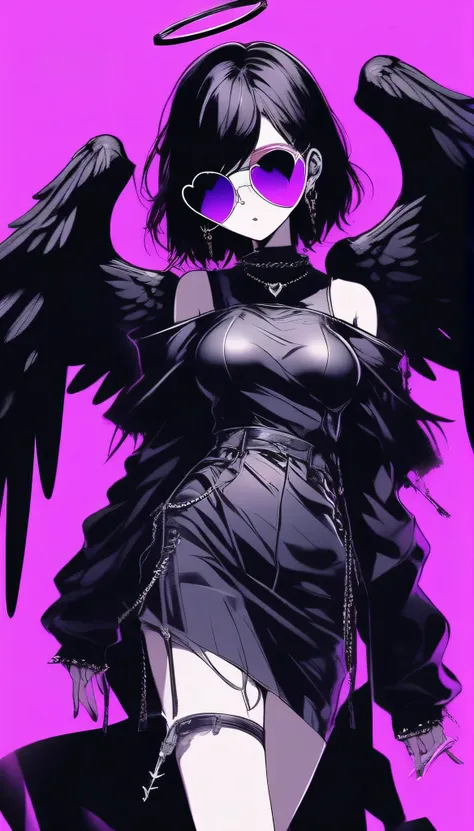 Full Angle,whole body,（（（On the head,Black plated angel halo））,(Best Quality, sketch:1.2),Realistic,Illustrator,anime,1 girl, Detailed lips, Detailed eyes,Purple leather dress,Angel halo on the head, Heart in hands,Heart shaped transparent sunglasses,Large...