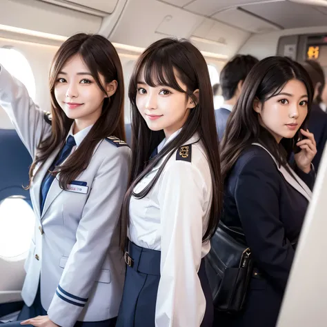 realistic,, korean female (tight flight attendant uniform) (full bang)), smiling, beautiful natural tied hair, The ends of the hair are wavy ,((layers hair)), ((in a plane)), ((japanese hair)),, ((highlighting cheerful expression)), passanger in background...