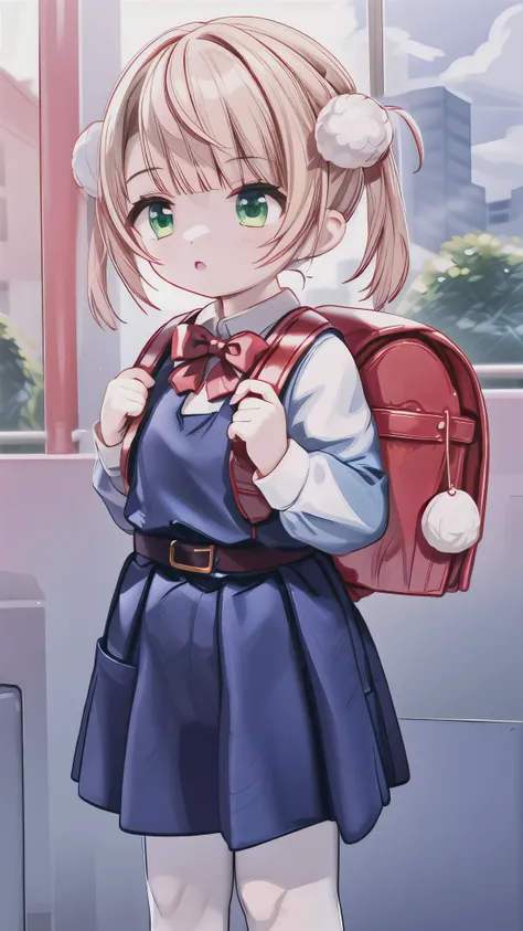 ,ui3, 1girl, solo, green eyes, pom pom (clothes), backpack, pinafore dress, white shirt, white socks, long sleeves, aged down, short hair, belt, red bowtie, bangs, school uniform, blue dress, collared shirt