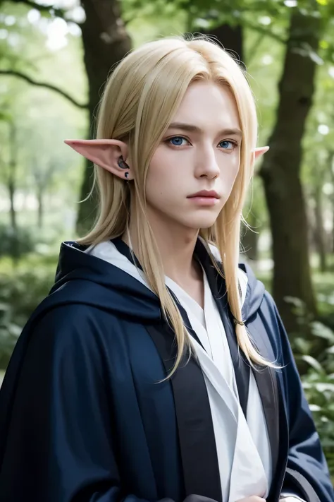 solo,1boy,bishounen,male focus,center part,blonde hair,looking at viewer,blue eyes,beautiful face,big eyes,emo boy,elven robe,elven ears,hooded cloak,elven boy,Sacred Grove,