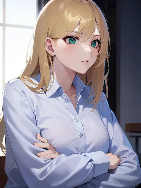 profile,upper body,Arms crossed、
(pale skin: 1.2),  shiny skin, shiny hair、
(A 2 woman with medium-length hair and bangs) and (wavy hair) and (Blonde Hair) and (green eyes) , 
(white collared shirt) ,
angry、
The background is the conference room、（alone:1.5...