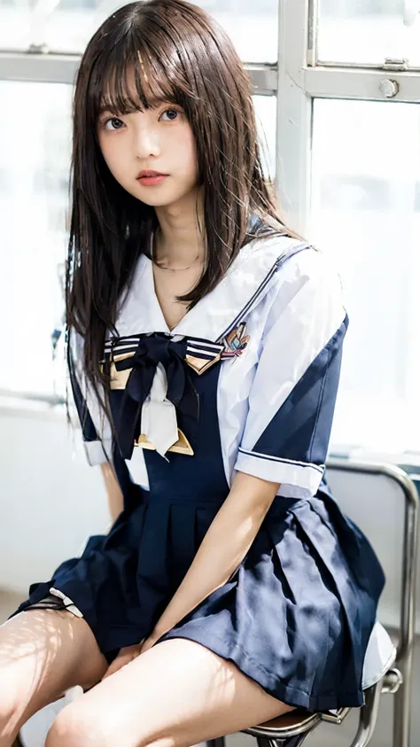 photorealistic, (masterpiece, best quality:1.2), 1girl, solo, sitting on school chair, (cross legs:1.3), school desk, classroom, sailor uniform, sailor collar, short sleeve, red ribbon-tie, pleated mini skirt, flat chest, short hair,