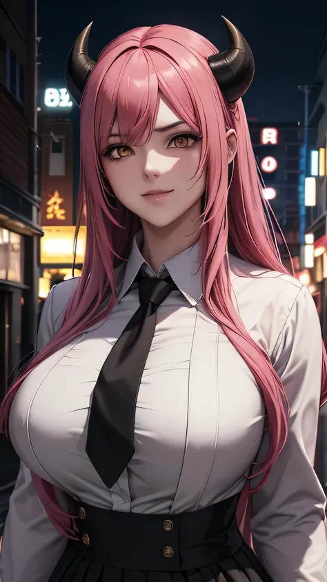 1girl, long pink hair, red horns, white collared shirt, black necktie, light smile, yellow eyes, corneo_power,, buildings,shops,town streets, dark sky, scenery,neon signs,night city, japanese lyrics,, , absurdres, detailed eyes, extremely detailed, volumet...