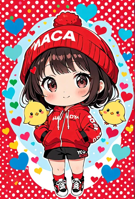 Ultra-realistic Yayoi Kusama colorful style, Simple lines acronym abstract art，(((The most beautiful woman of all time))), (((Chibi))), Colorful hearts, Cute design, Sports Fashion, Dark Eyes, (((happy holiday))), (((Cute chick)))