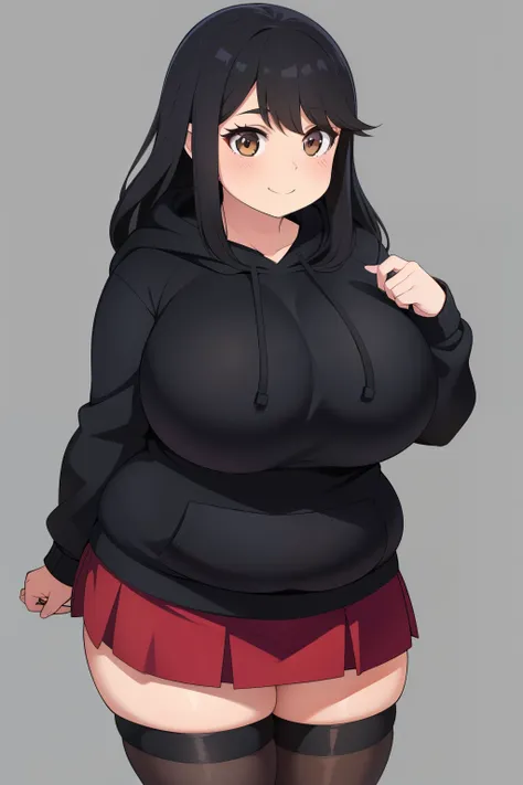 Chubby 2 big boobs black hair brown eyes happy long messy hair blushing smile deredere black hoodie and short skirt 