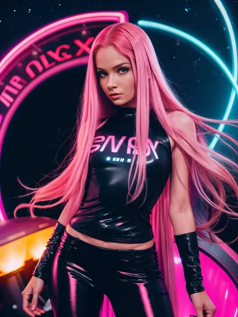 long pink hair woman, night, neon, flying saucer, abduction, galaxy background, neon lights, black clothes with led, 4k