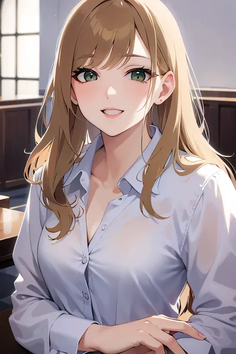 （looking at viewer:1.5）,(hand on own hip:1.5),upper body, (pale skin: 1.2), shiny skin, shiny hair、 (A 2 woman with medium-length hair and bangs) and (wavy hair) and (Blonde Hair) and (green eyes) , (white collared shirt) , smile,The background is the conf...