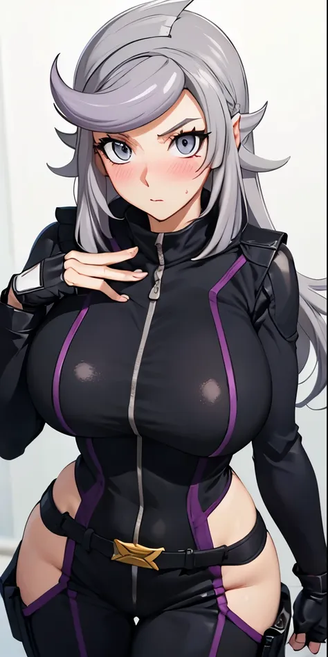 1 Female,High definition,high resolution,Ultra-realistic,8K, 1girl,  (emma_bessho:1.2),  (grey hair:1.2),(  purple hair:1.2),  grey eyes,  low-tied long hair,  (large breasts:1.2),  (wide hips:1.2),  (purple bodysuit:1.2),  (long sleeves:1.2),  pants,  (bl...