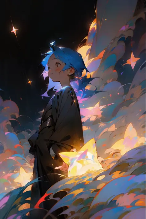 One Boy、One person、,Expressionless、Fantastic look、Fairy, Pointed Ears, masterpiece, Best Quality, High resolution,, One person, Alone, Blue Hair, Brown eyes , Black long coat、Dark Background, starlight, star,starをすくう、手のひらでstarを救い上げる