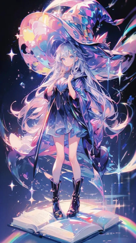 ((magic使いの女の子:1.5)), Full body photography，Perfect Face, Beautiful Face, Highly detailed face，(Long Hair:1.3)，(Witch Hat:1.3)，boots，Witchs broom，magicの杖，book of magic，Night Sky，たくさんのstar，Shine，smile，Light，magic，月Light，starの粒，star々，月Light，流れstar、Sparkling