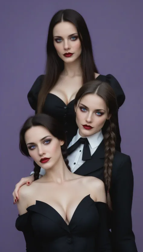 (masterpiece.) Super hot gorgeous women. Wednesday Addams Grown Up, Age 23. Beauty、Double Blade, Pale skin, 1950s、Solid dark purple background. Magnificent cleavage. Double G Breasted. Natural round breasts. Opposite color.Sensual sexy poses.Agitated expre...