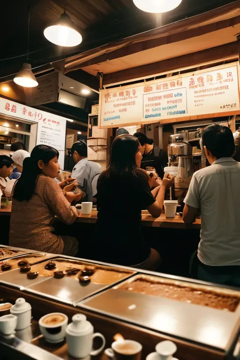 ((best quality)), ((masterpiece)), ((1:1)), (detailed), inside tradisioanal coffe stall people drinking coffe while they are talking, the stall have name "Kopi Tiam" wide angle, cinematik.