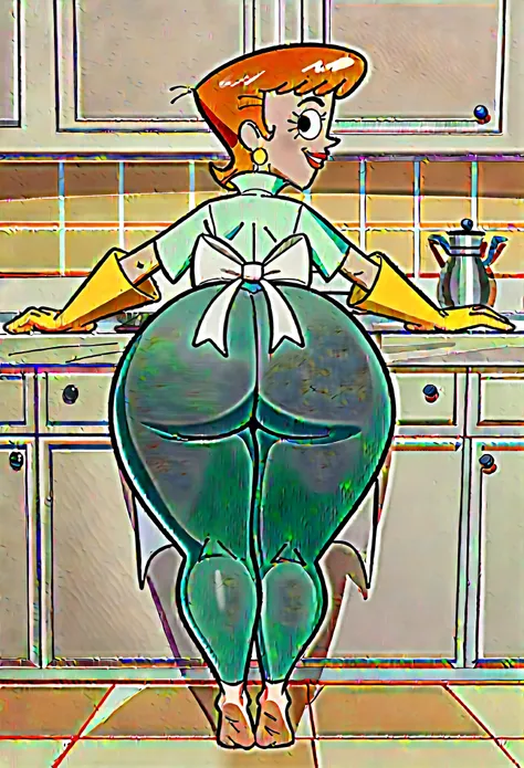 zPDXL2, dextersmom, woman, 1girl, high quality, hd quality, black eyes, beautiful eyes, beautiful body, beautiful face, aqua shirt, tight green pants, rubber gloves, short orange hair, earrings, wide hips, apron, lipstick, feet, looking at viewer, smiling,...