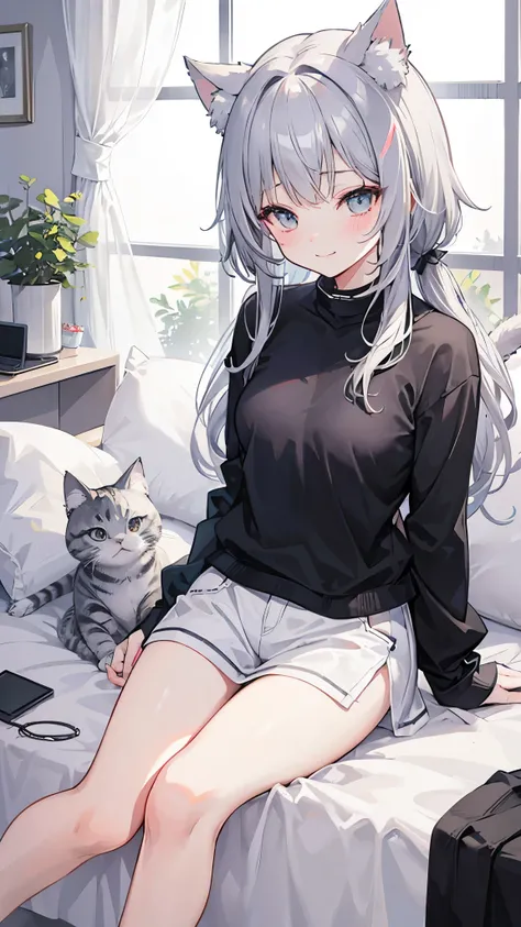 gray hair、Cat ear、tail、、smile、blushing cheeks、sitting on the bed、Small breasts